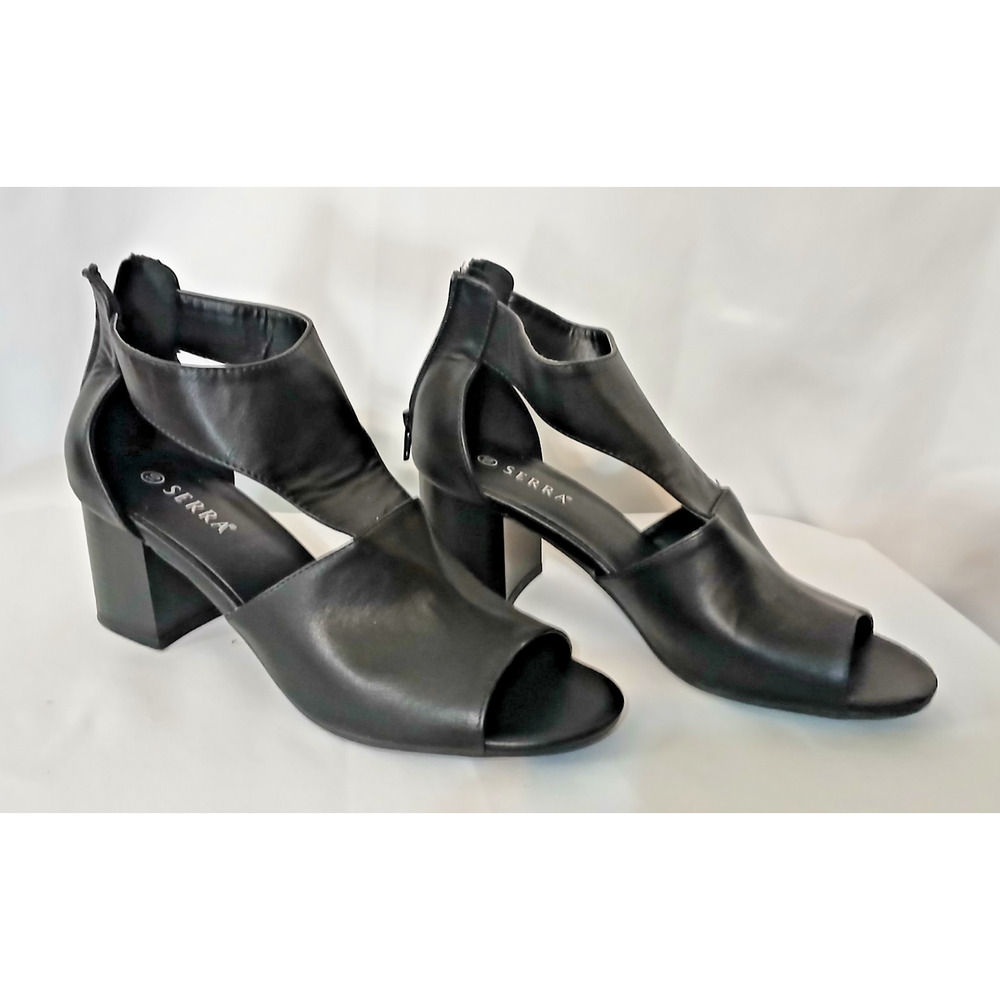 90s Style Versatile Black Open Toe Block Chunky Heel Zip Sleek Size 10 New